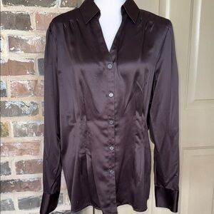 New East 5th Luxurious & Elegant Brown Satin Button Up Top Pleated Waist Sz XL